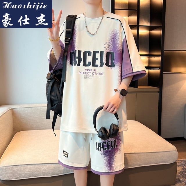 13700502.《休闲舒适》夏季新款港风短袖T恤男休闲潮流青少年运动套装