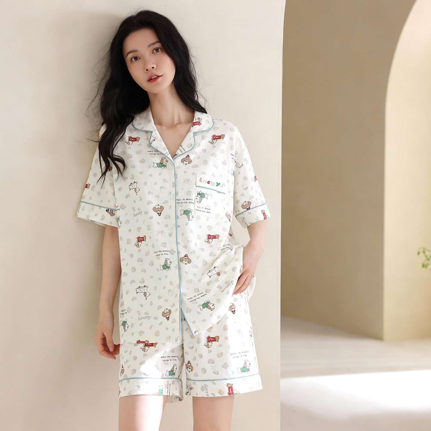 13699802.猫人纯棉睡衣女夏季短袖短裤卡通少女款可外穿家居服