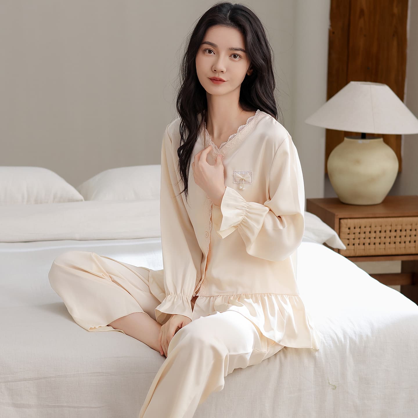 13699424.少宜女士法式蕾丝长袖长裤睡衣套装莫代尔冰丝凉感可外穿家居服薄款女士冰雪丝长袖长裤套装