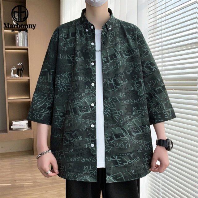 13701420.夏季文艺青年碎花高品质中袖七分袖衬衫男