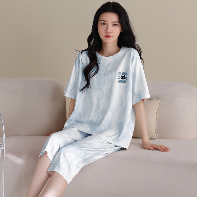 13700510.猫人睡衣女士夏季纯棉圆领薄短袖短裤家居服休闲套装