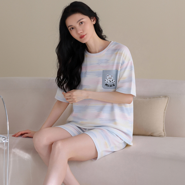 13700509.猫人新疆棉女士睡衣短袖短裤卡通简约夏季薄款家居服套装