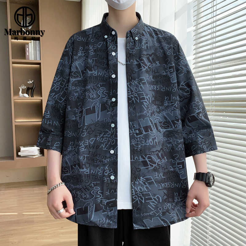 13701420.夏季文艺青年碎花高品质中袖七分袖衬衫男