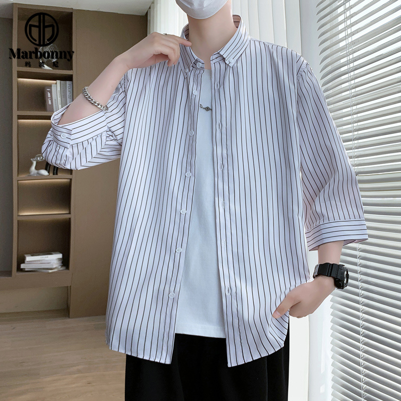 13701417.夏季主推港风七分袖衬衣中袖条纹衬衫