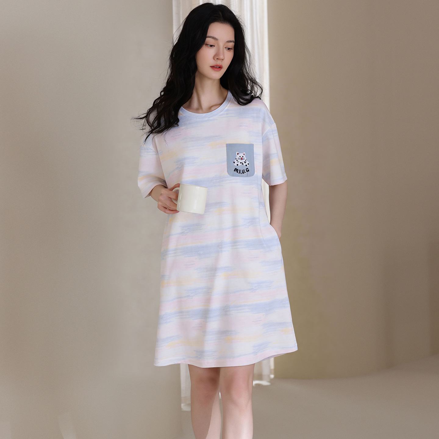13700519.猫人纯棉女士睡衣女夏季薄款睡裙卡通猫咪家居服