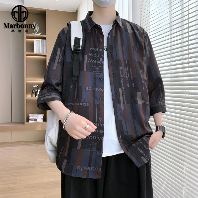 13701372.夏季港风中袖衬衣男士印花七分袖衬衫