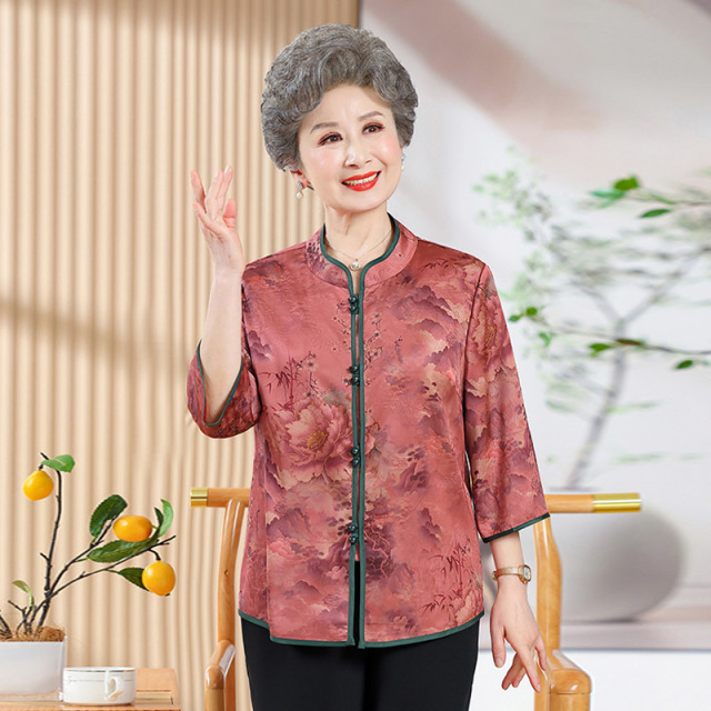 13700779.妈妈装中式国风印花时尚七分袖衬衫Q7GXM5056