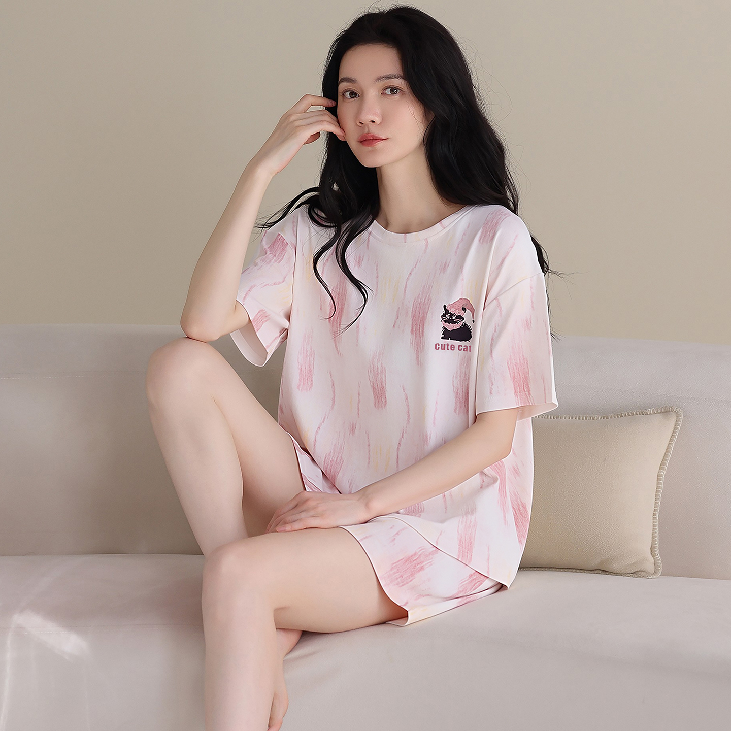 13700523.猫人纯棉女士睡衣女款夏季薄款短袖短裤可外穿家居服套装