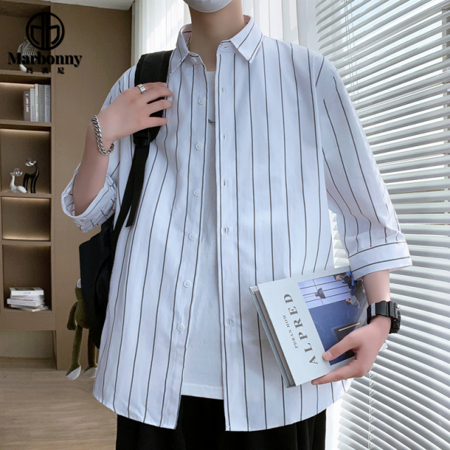 13701393.夏季主推百搭条纹衬衫七分袖男