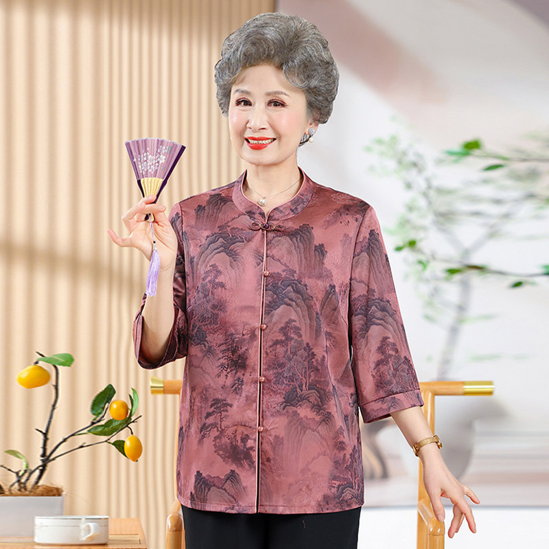 13700775.妈妈装中式国风印花时尚七分袖衬衫Q7GXM5058