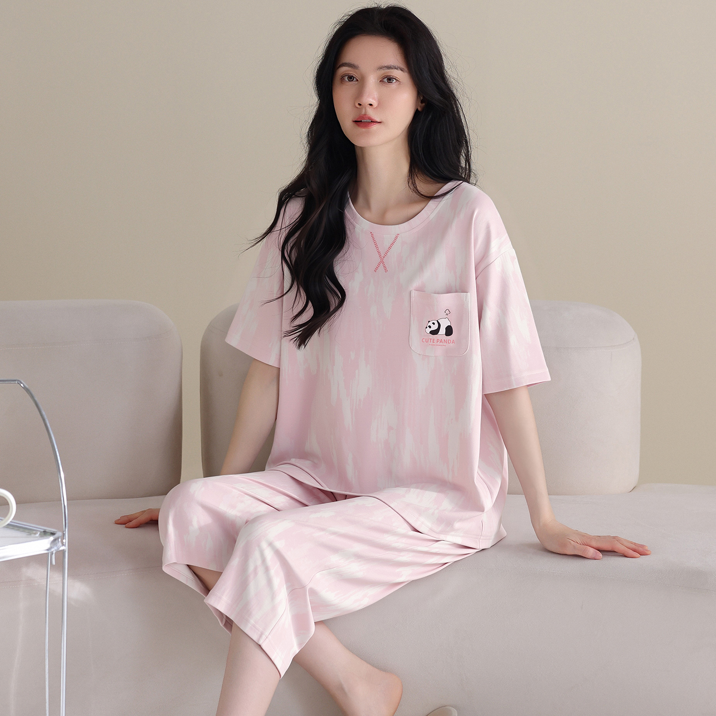 13700507.猫人纯棉女士睡衣女夏季薄款短袖短裤卡通猫咪家居服套装