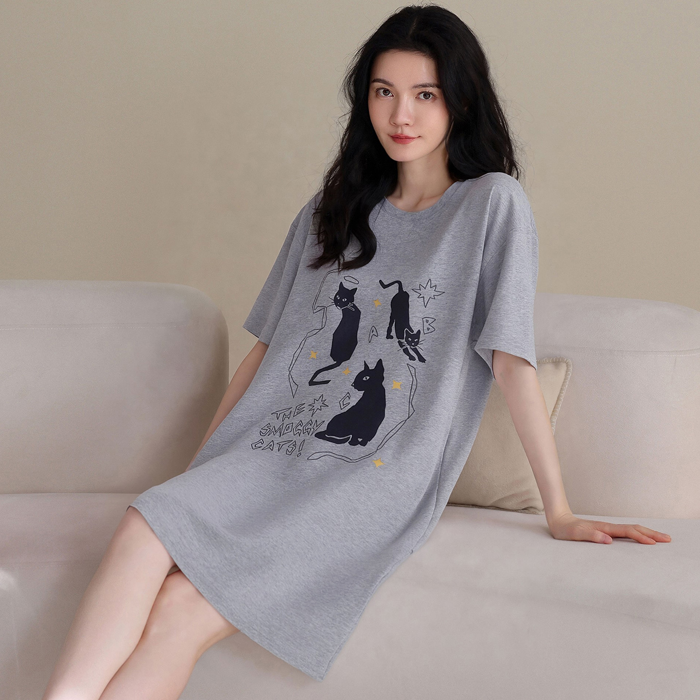 13700508.猫人纯棉女士睡衣睡裙夏款卡通甜美大码宽松可外穿家居服睡衣