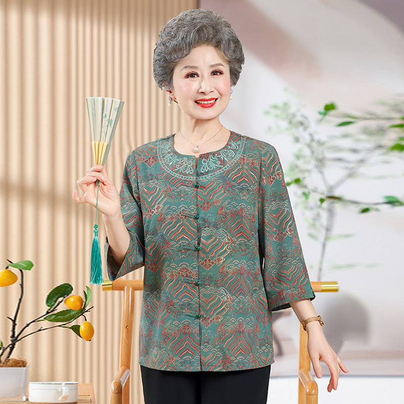 13700772.妈妈装中式国风印花时尚七分袖衬衫Q7GXM5018