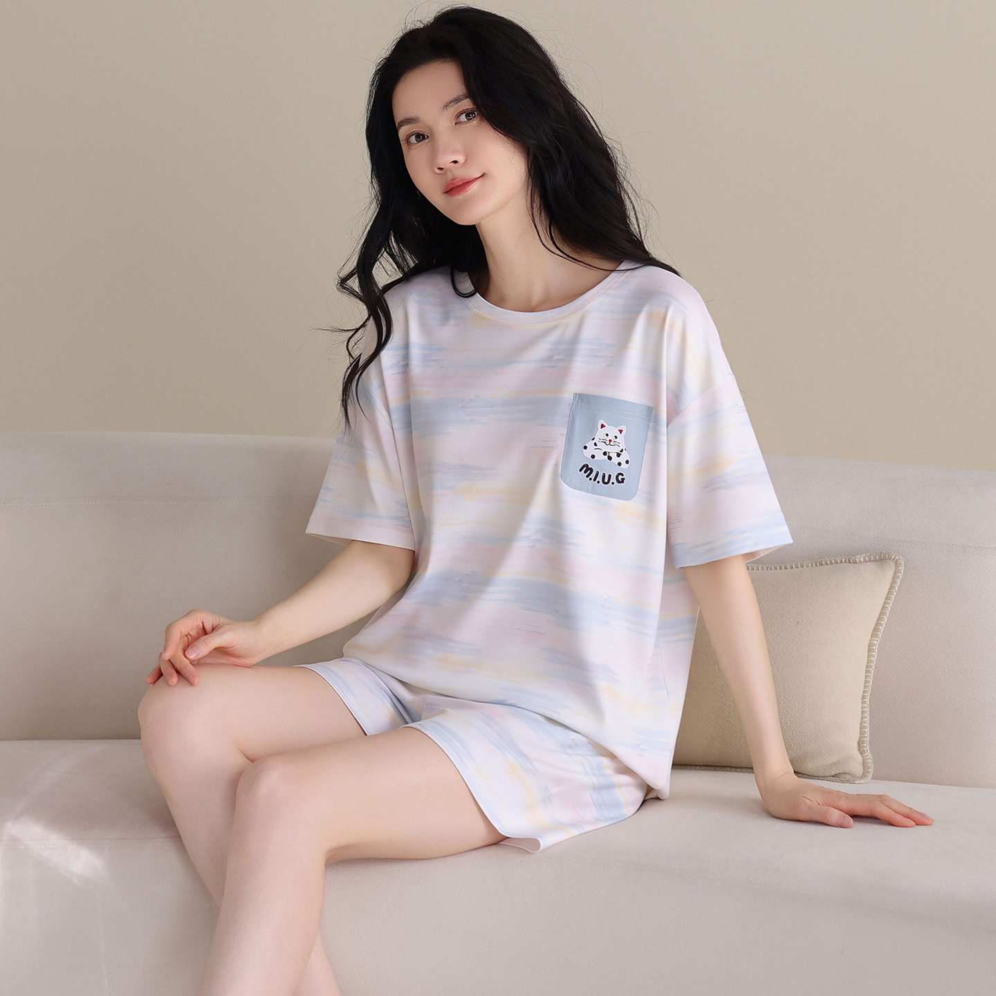 13700509.猫人新疆棉女士睡衣短袖短裤卡通简约夏季薄款家居服套装