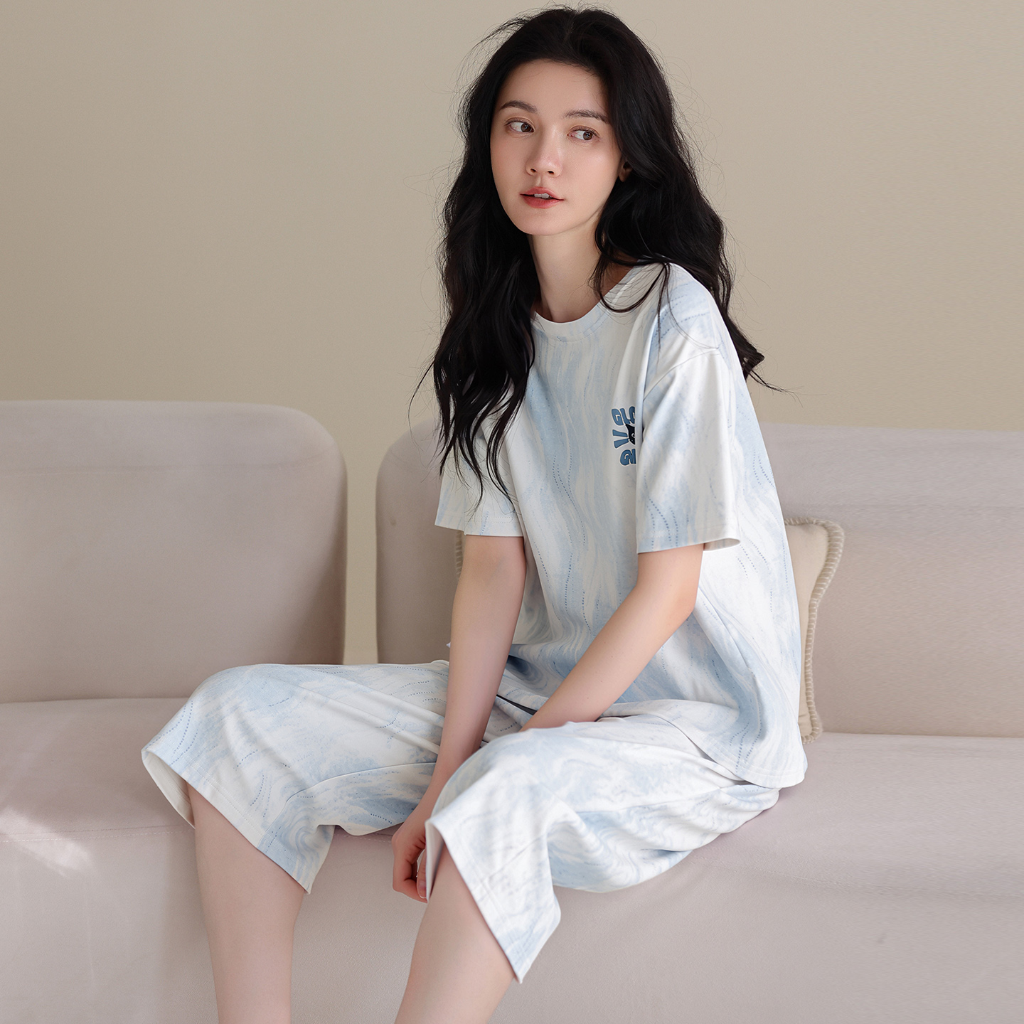 13700510.猫人睡衣女士夏季纯棉圆领薄短袖短裤家居服休闲套装