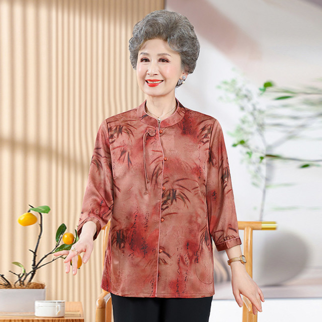 13700781.妈妈装中式国风印花时尚七分袖衬衫Q7GXM5052