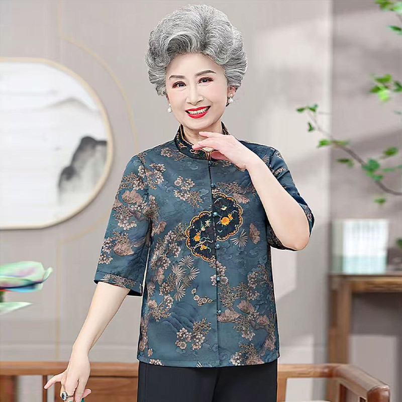 13700762.妈妈装中式国风印花时尚七分袖衬衫Q7GXM50591