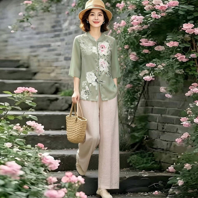 13700774.妈妈装定位印花时尚衬衫+裤子两件套装QXF1367