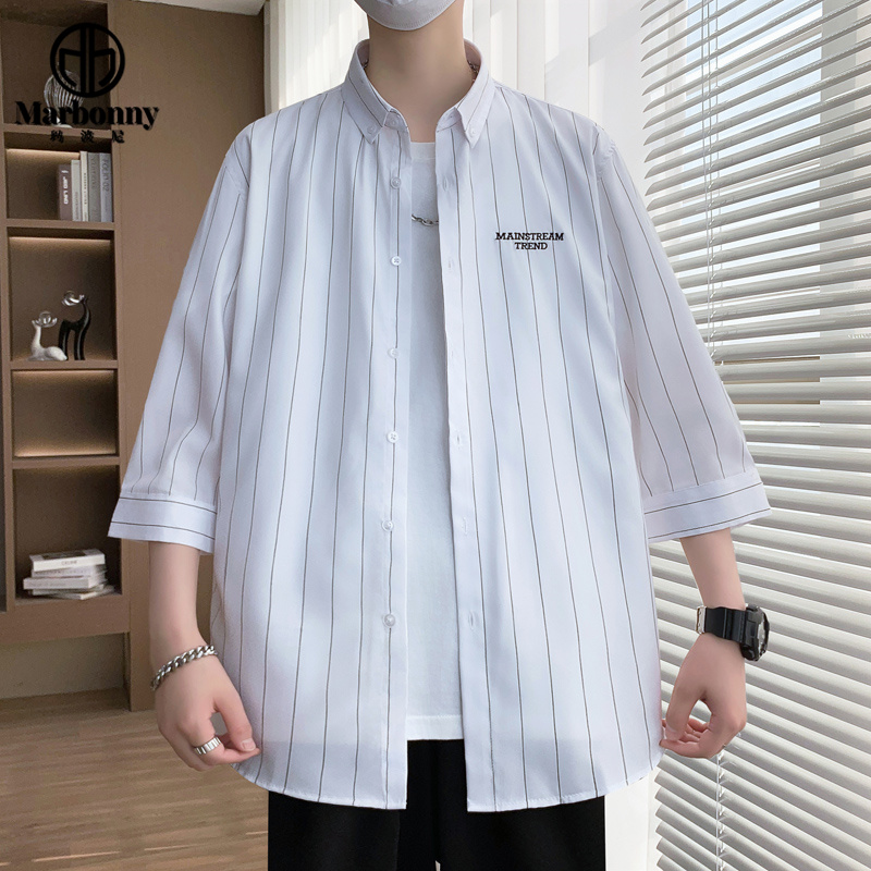 13701430.夏季港风条纹男士休闲七分袖衬衫中袖