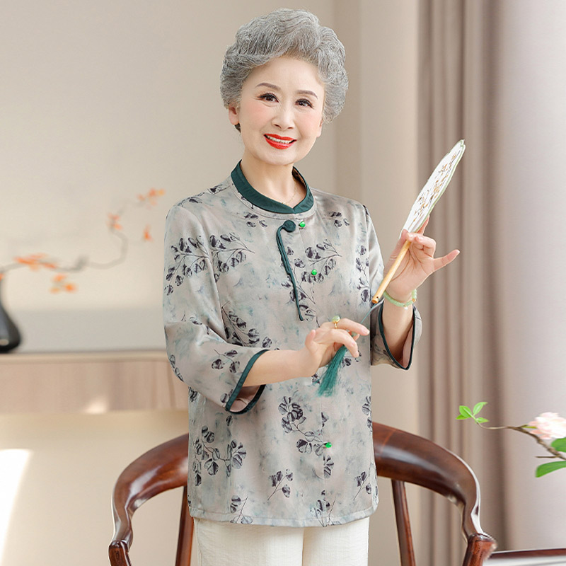 13700776.妈妈装中式国风印花时尚七分袖衬衫Q7GXM82503