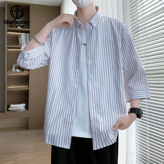 13701417.夏季主推港风七分袖衬衣中袖条纹衬衫