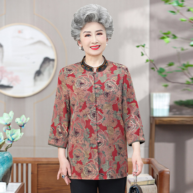 13700768.妈妈装中式国风印花时尚七分袖衬衫Q7GXM346