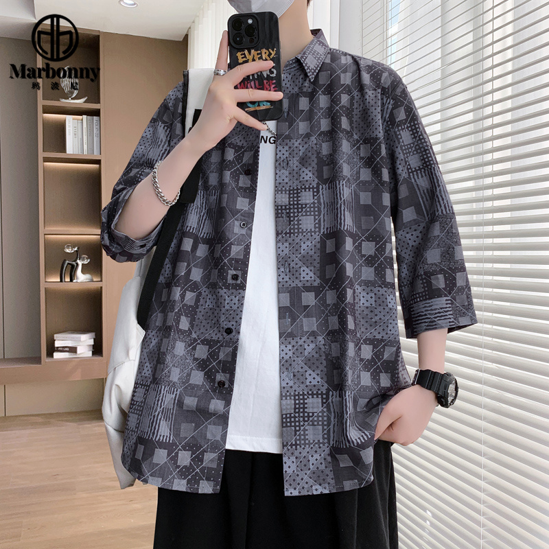 13701423.夏季文艺青年碎花休闲中袖七分袖衬衫男