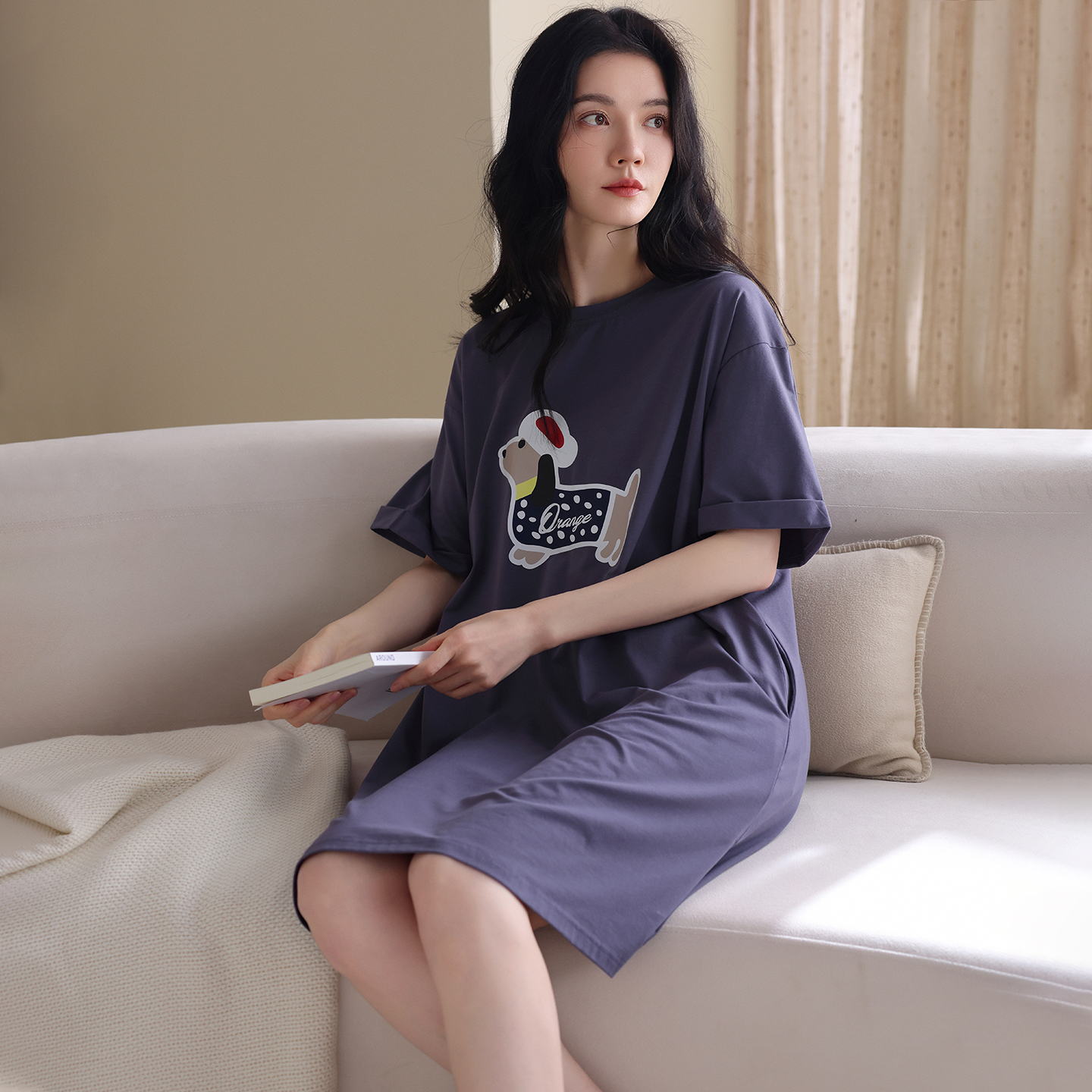 13700513.猫人纯棉女士睡衣女夏季薄款短袖睡裙高级感可外穿家居服