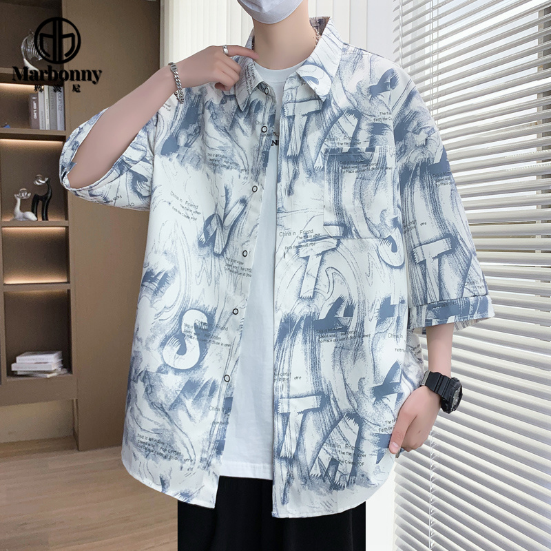 13701435.夏季新款印花七分中袖上衣短袖衬衫男