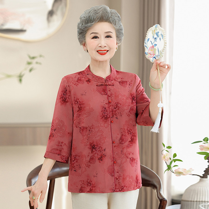 13700770.妈妈装中式国风印花时尚七分袖衬衫Q7GXM82523