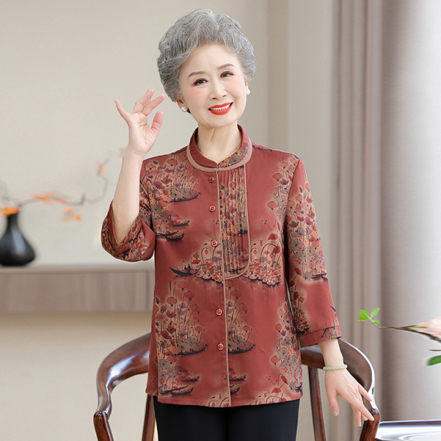 13700878.妈妈装中式国风印花时尚七分袖衬衫J7GXM82512