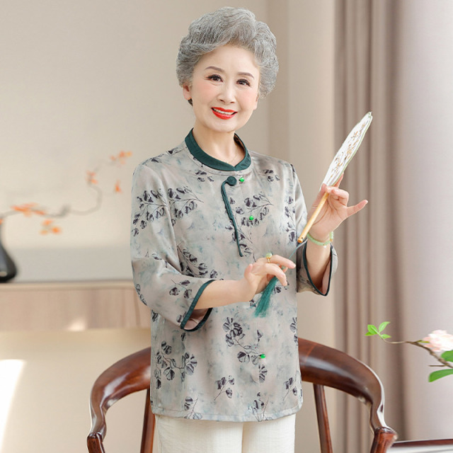 13700860.妈妈装中式国风印花时尚七分袖衬衫J7GXM82503