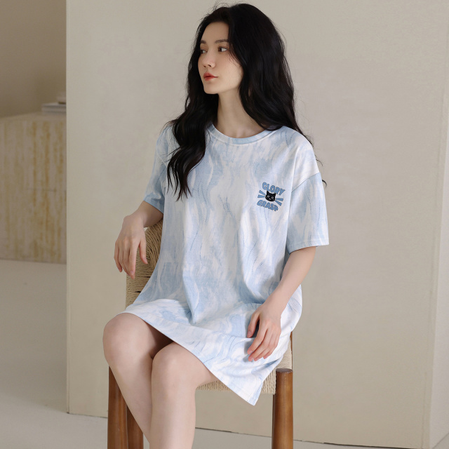 13700517.猫人新疆棉女士睡衣睡裙卡通简约夏季薄款家居服