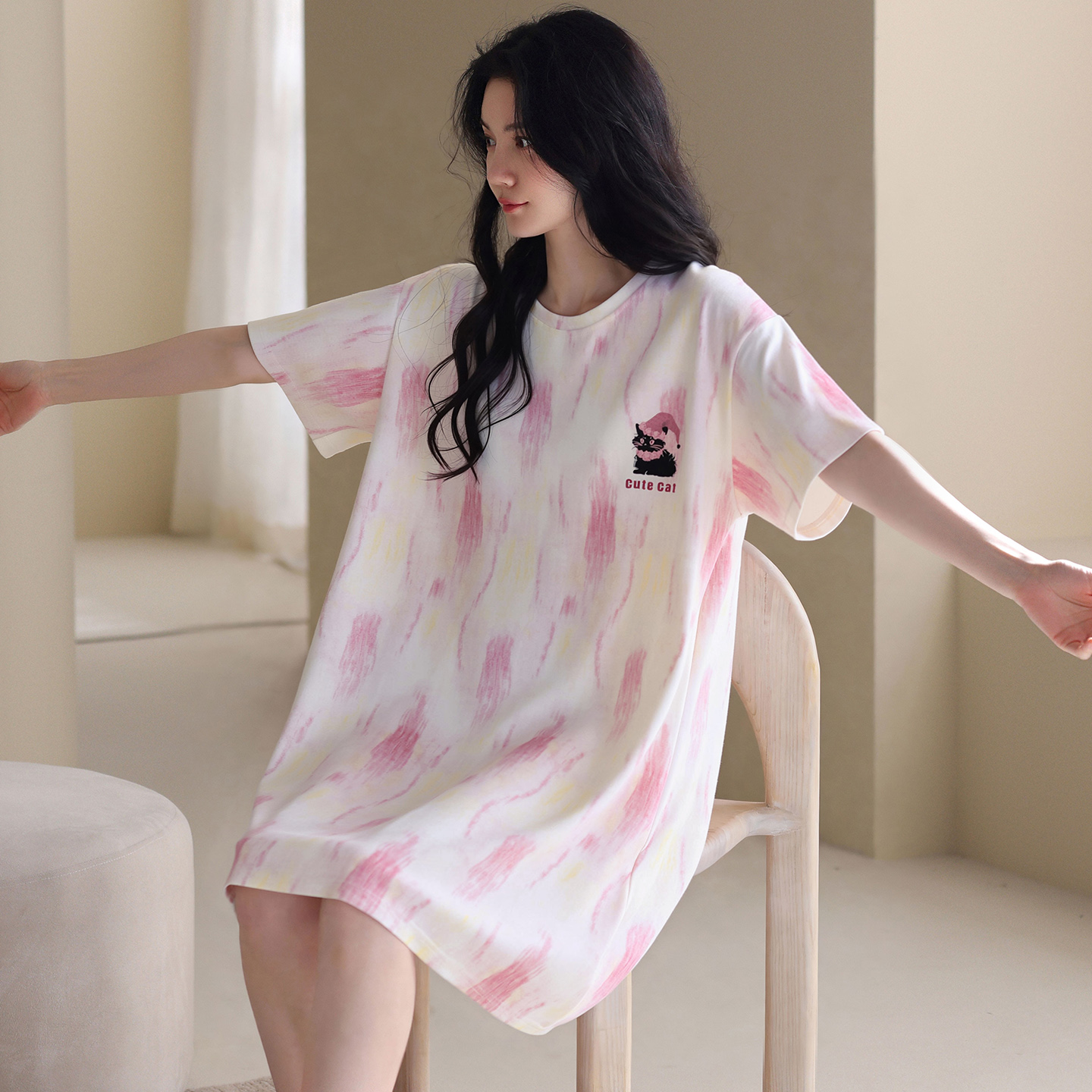 13700512.猫人纯棉睡衣女士夏季短袖睡裙卡通甜美风家居服夏