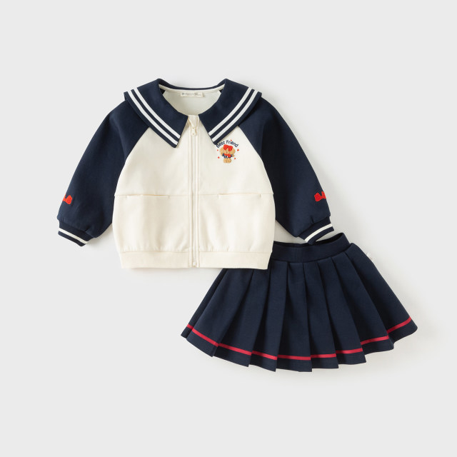 13702486.戴维贝拉女童学院风套装秋装新款儿童外套百褶裙两件套