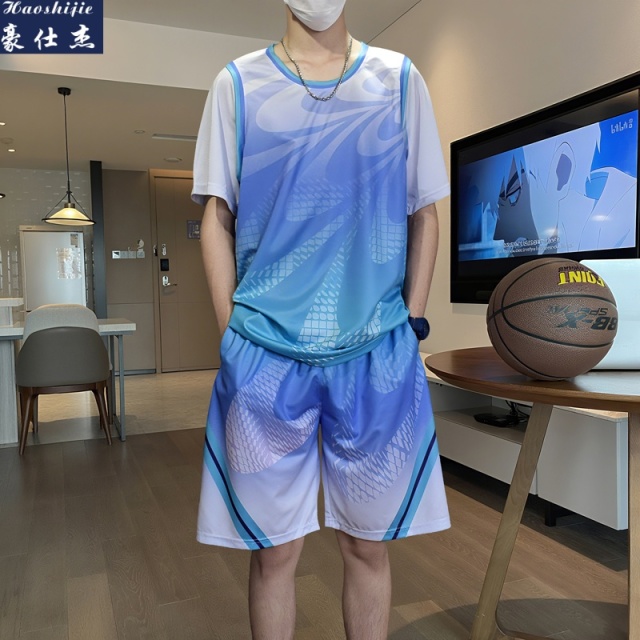 13703936.《简约时尚》夏季青少年篮球服套装运动休闲短袖两件套训练服