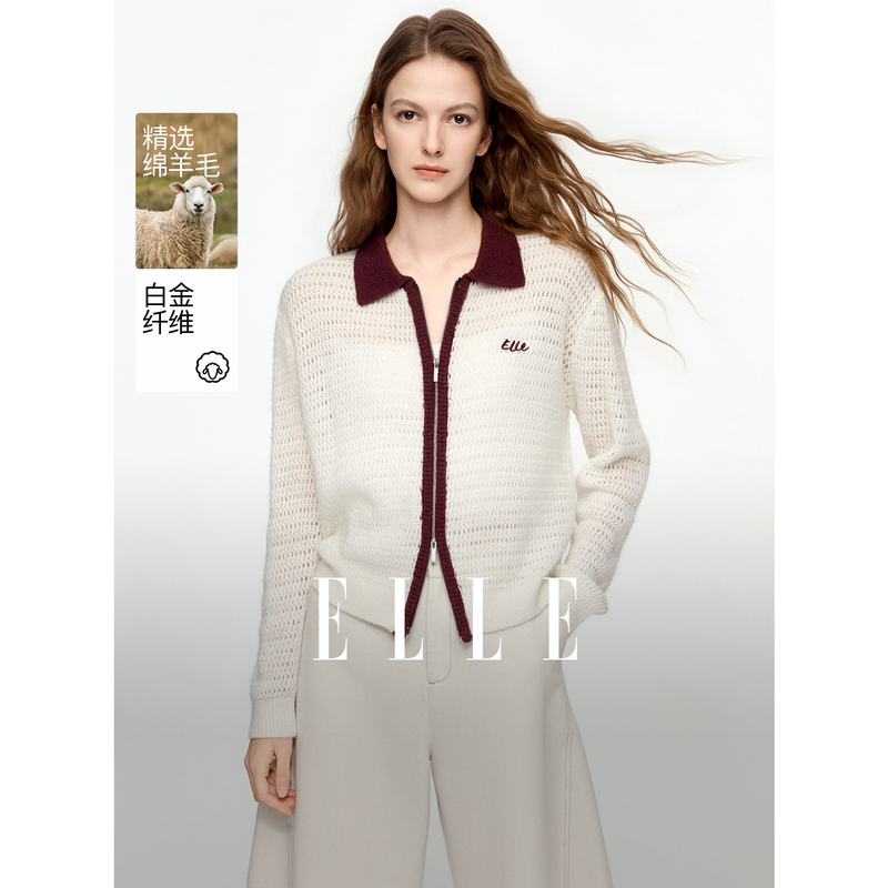 13716376.ELLE绵羊毛撞色镂空针织衫女都市休闲风宽松毛衣