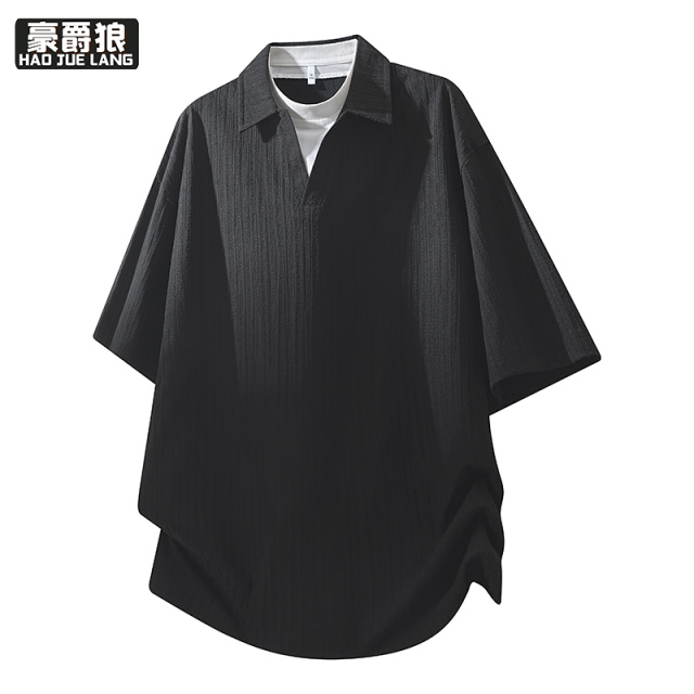 13703977.冰丝短袖POLO衫男款夏季时尚青少年潮牌上衣有领宽松休闲t恤男装