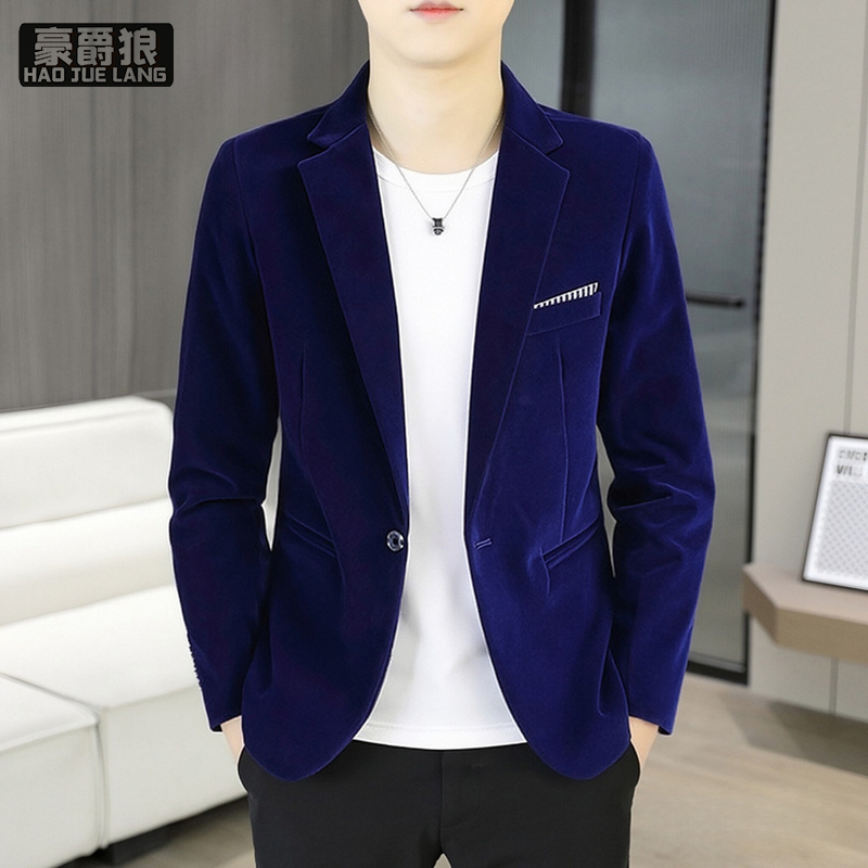 13703962.高端金丝绒西服外套男春秋季新款韩版潮流帅气修身男士小西装上衣
