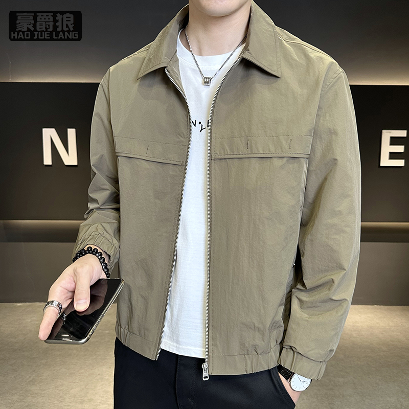 13703948.新款男士外套春秋轻熟风潮流修身行政夹克男翻领纯色简约上衣