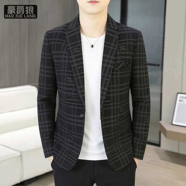 13704024.春秋季格子西服男士韩版修身单西高级感商务休闲小西装外套