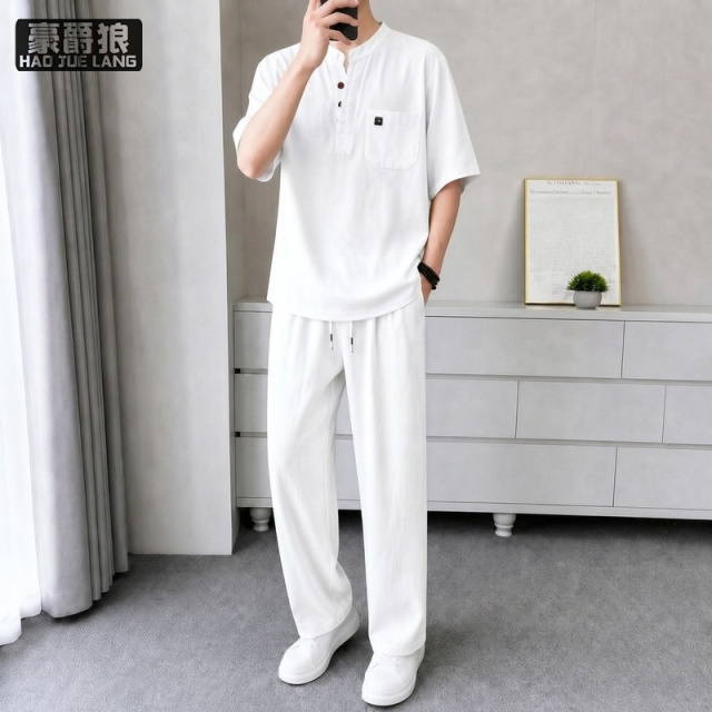 13703961.夏季短袖长裤冰丝套装男士休闲高级感青奢舒适V立领T恤男装两件套