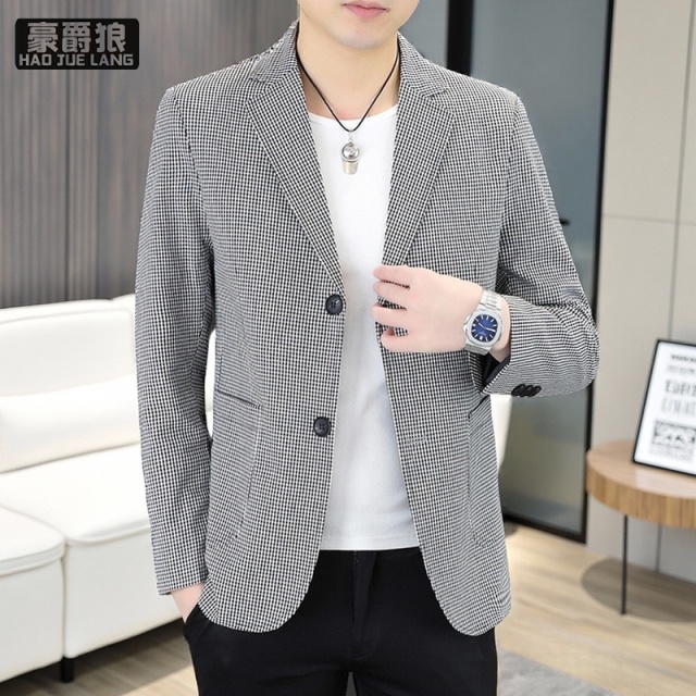 13703970.春秋新款格子小西装男士韩版修身中青年时尚商务休闲西服外套