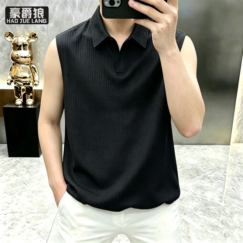 13703950.休闲风翻领无袖背心男夏季薄款透气套头时尚百搭坎肩上衣服