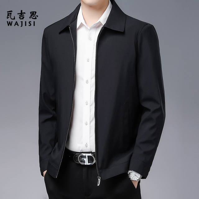 13704079.夹克衫男春秋季新款商务休闲纯色外套中老年翻领爸爸装上衣