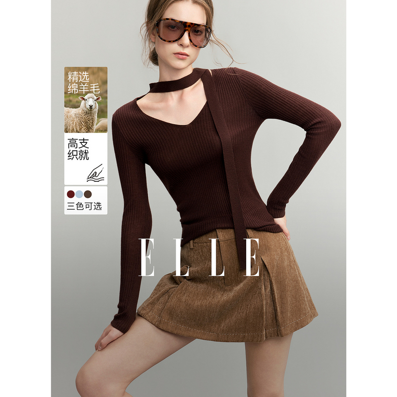 13716352.ELLE绵羊毛飘带领女式毛衣优雅气质风设计感针织衫