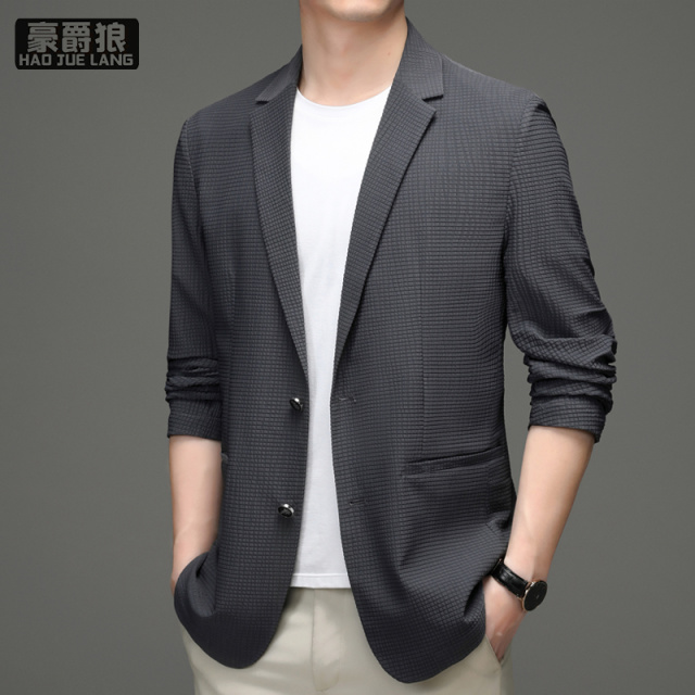 13704028.春秋季新款男士华夫格西服休闲商务中青年免烫小西装外套男