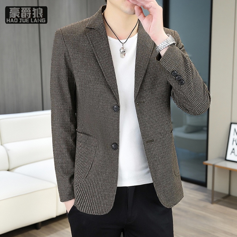 13703970.春秋新款格子小西装男士韩版修身中青年时尚商务休闲西服外套