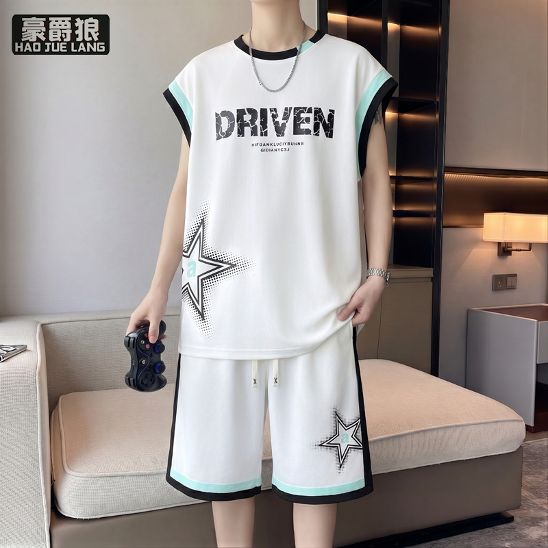 13704010.休闲运动套装男夏季新款无袖t恤男背心青少年潮流帅气整一套搭配