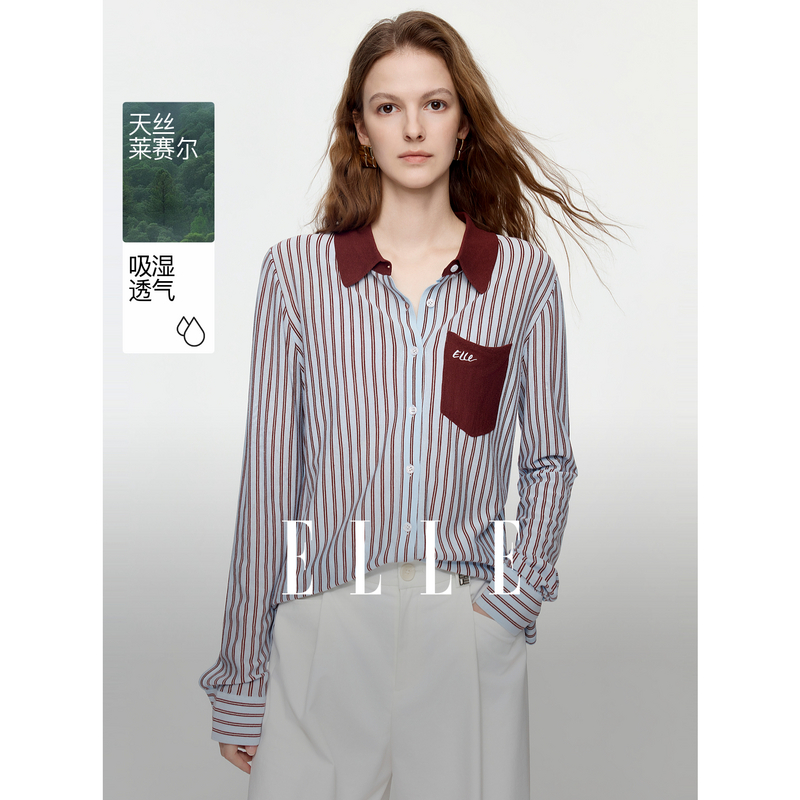 13716365.ELLE复古撞色条纹针织衫女都市通勤风宽松毛衣